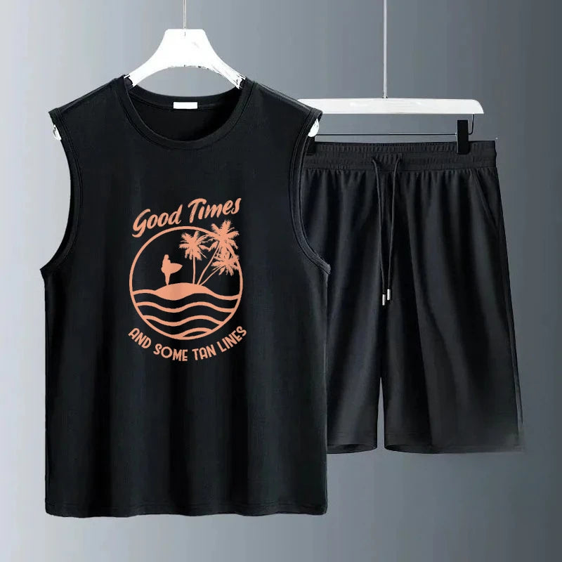 2025 Summer Men Sleeveless Casual Pink English Graffiti Print Set Quick Dry Comfortable Athletic Wear for Outdoor Tracksuit Suit