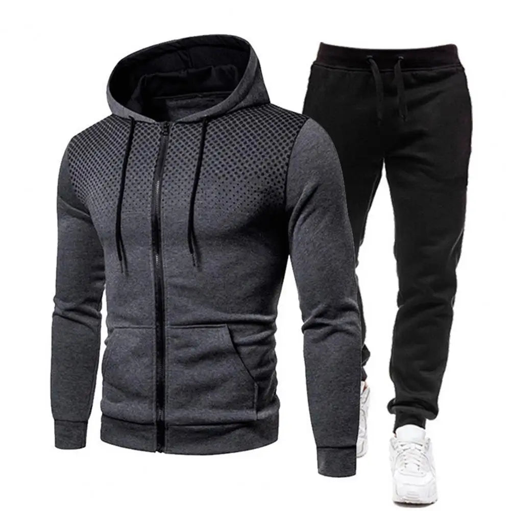 Men Athletic Apparel Set Hooded Top Trousers Set Men's Sports Suit Set with Hooded Long Sleeve Tops Elastic Waist for Fitness