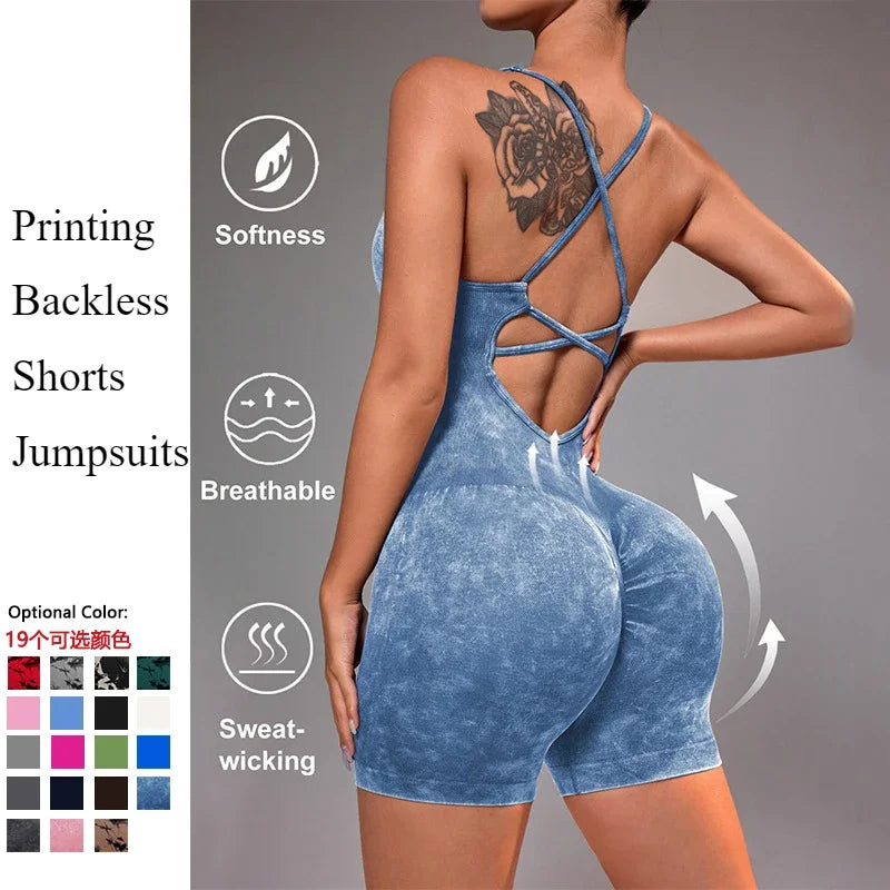 One Piece Gym Set Women Yoga Set Female Yoga Jumpsuit Shorts Sport Bodysuit Tracksuit Printing Seamless Fitness Workout Clothing