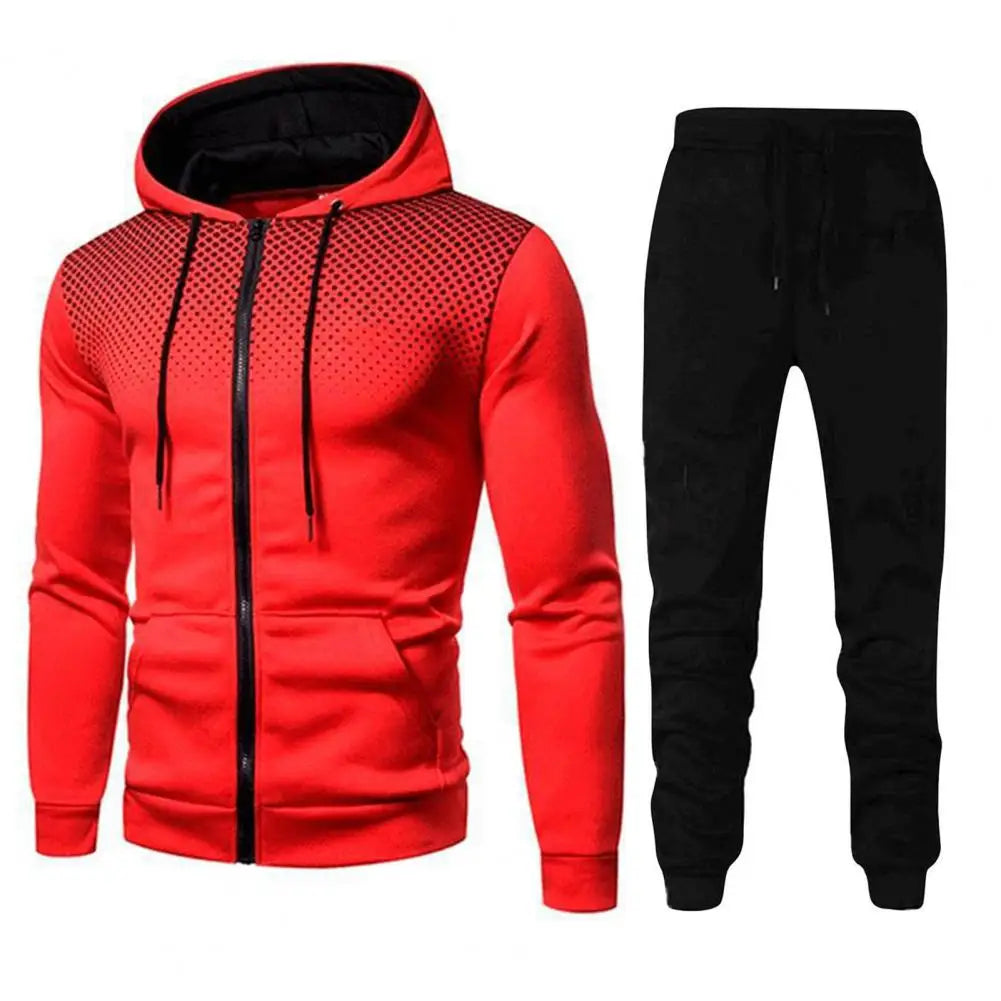 Men Athletic Apparel Set Hooded Top Trousers Set Men's Sports Suit Set with Hooded Long Sleeve Tops Elastic Waist for Fitness