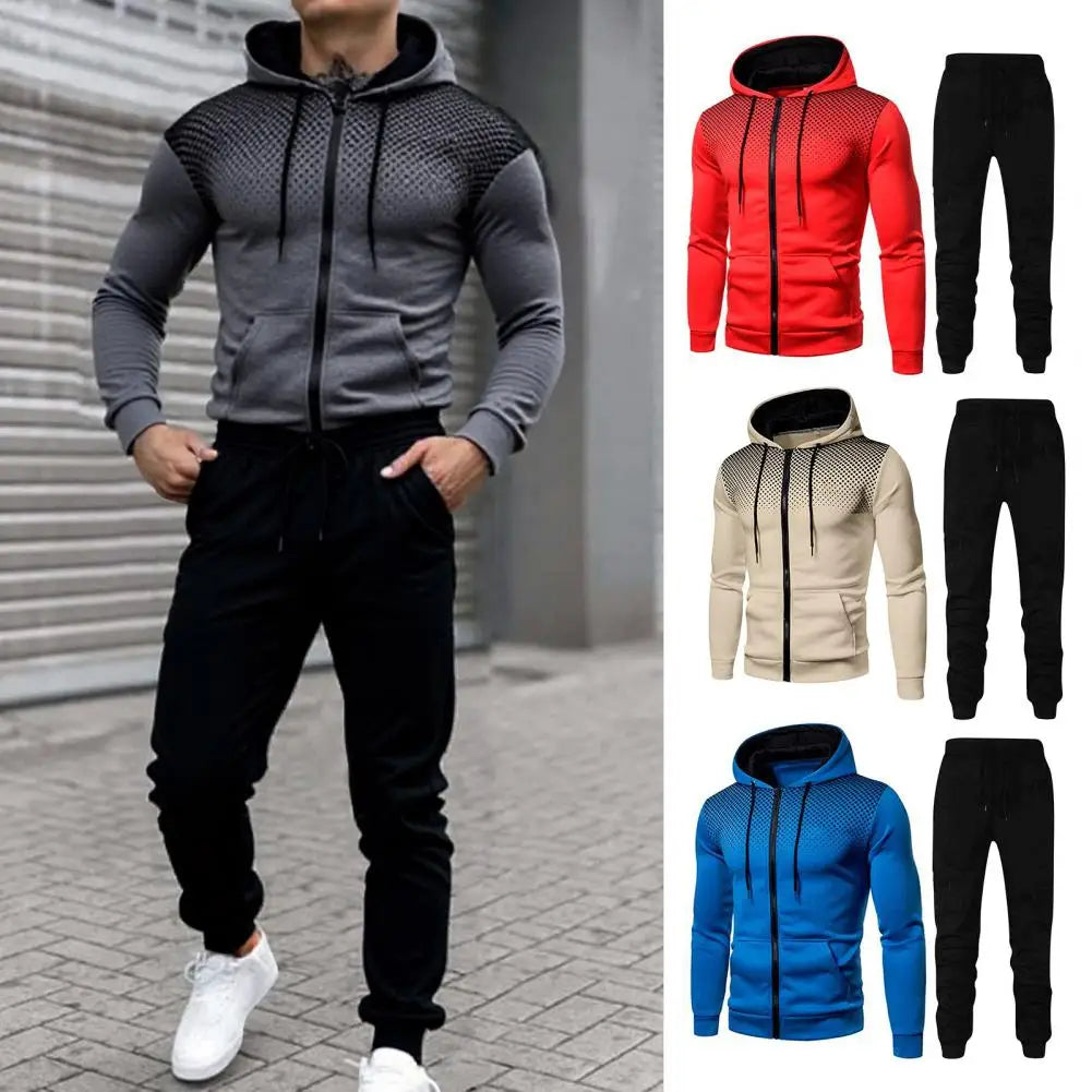Men Athletic Apparel Set Hooded Top Trousers Set Men's Sports Suit Set with Hooded Long Sleeve Tops Elastic Waist for Fitness