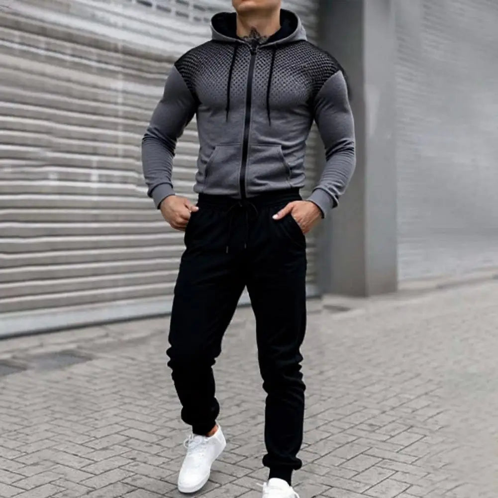 Men Athletic Apparel Set Hooded Top Trousers Set Men's Sports Suit Set with Hooded Long Sleeve Tops Elastic Waist for Fitness