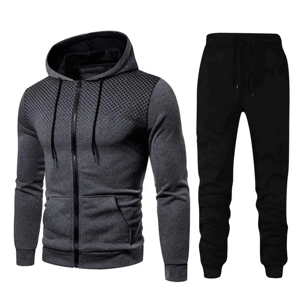 Men Athletic Apparel Set Hooded Top Trousers Set Men's Sports Suit Set with Hooded Long Sleeve Tops Elastic Waist for Fitness